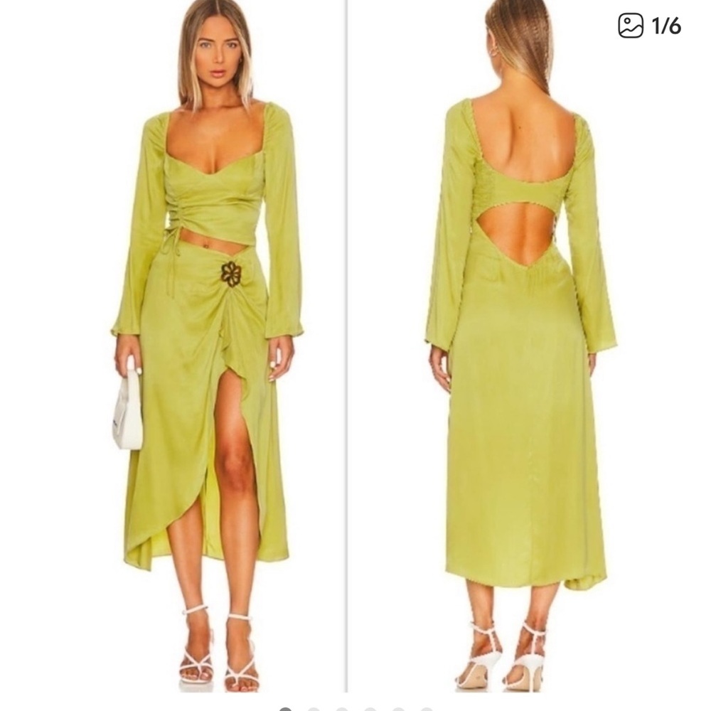 For Love And Lemons Lime Green Ruched Long Sleeve Midi Dress